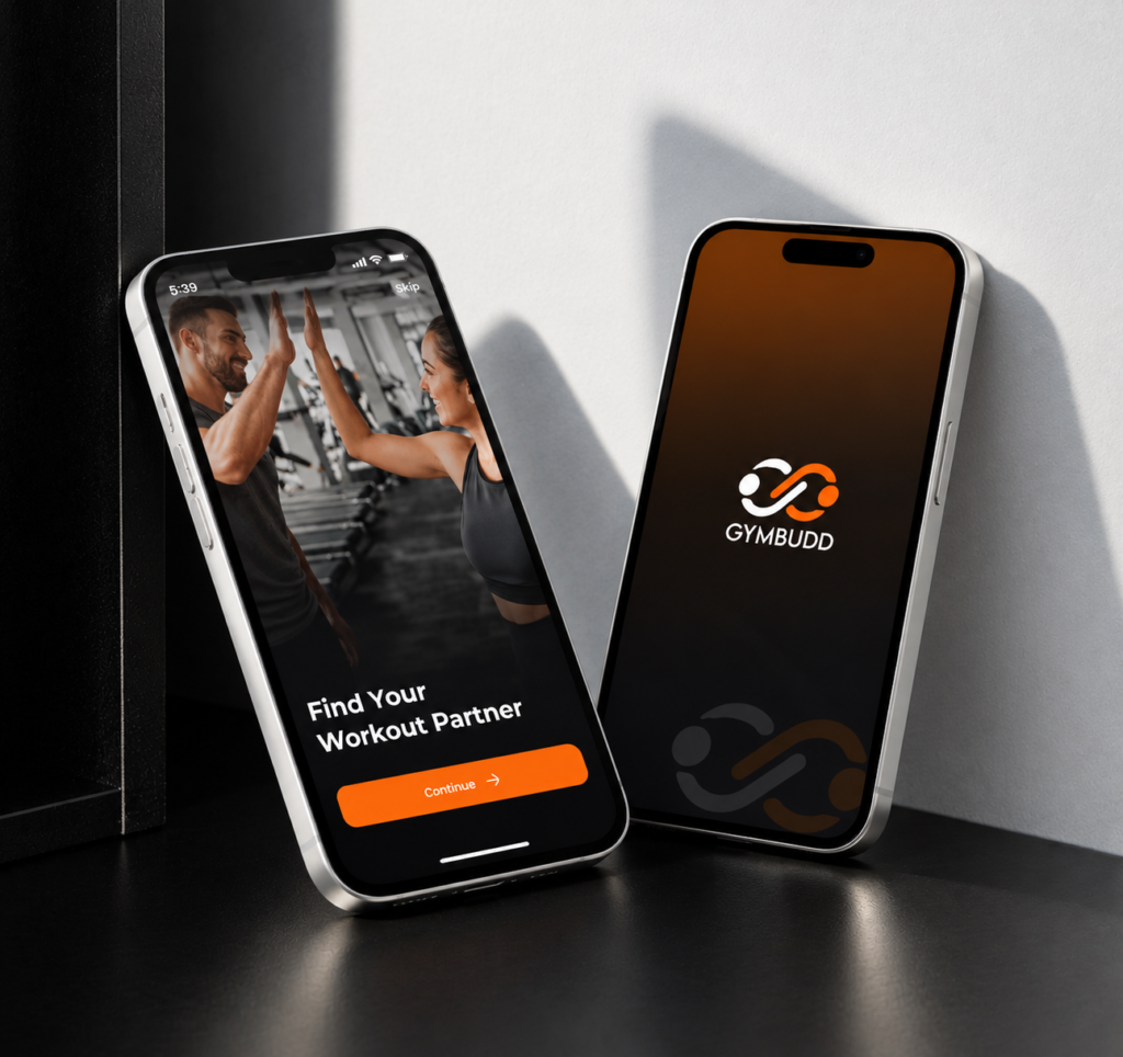 GymBudd social fitness mobile app interface screens showing workout compatibility and partner discovery